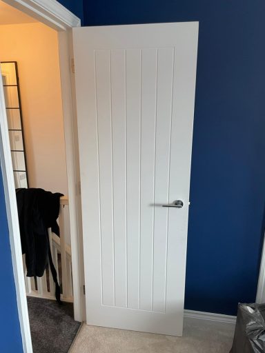 A white panel door against a blue wall, partially open.