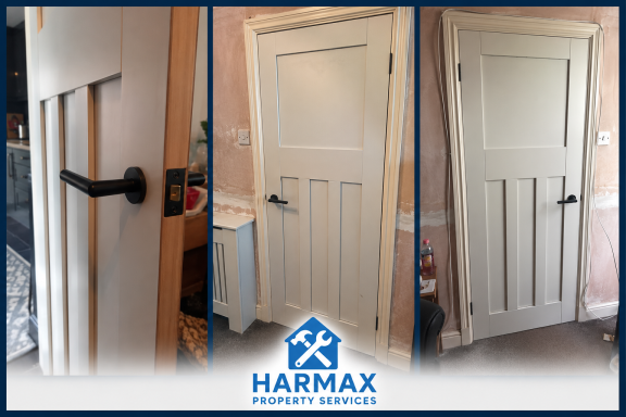 White wooden door with a black handle, shown from multiple angles.
