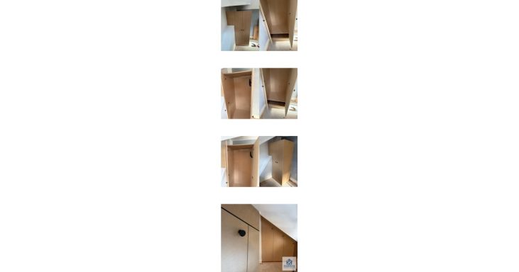 Various angles of a wooden cabinet against a white wall.