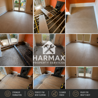 Collage of a flooring installation process in a room, showcasing various stages and outcomes.