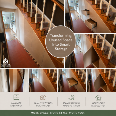 Staircase with storage solutions in a transformed narrow space.
