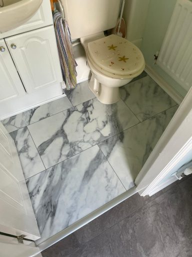 Bathroom floor featuring marble tiles and a toilet with stains.