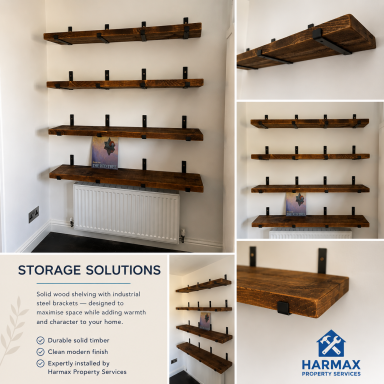 Wooden wall shelves with black brackets, showcasing various storage configurations.