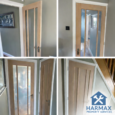 Light wooden door with glass panels, positioned in a hallway setting.