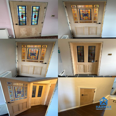 Decorative wooden doors with stained glass panels in various views.