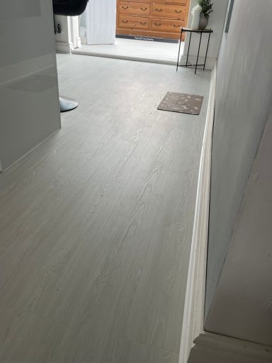 Light-coloured floor with a small rug near an entrance and a plant beside a table.