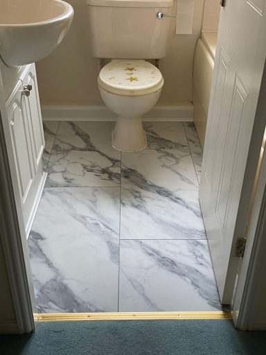 Light marble patterned floor with a toilet and bathroom fixtures visible.