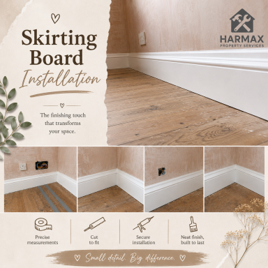 Instructions and tools for skirting board installation on wooden flooring.
