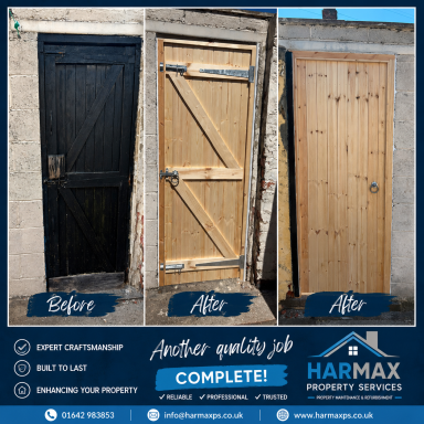 Gate Comparison of a black door and a newly finished wooden door after restoration.