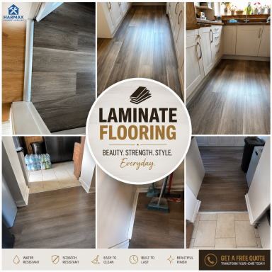 Various laminate flooring designs showcased in residential settings.