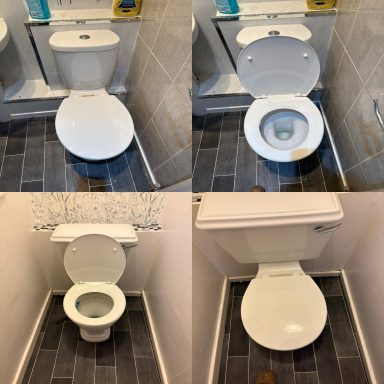 Four views of a clean, white toilet in a tiled bathroom.