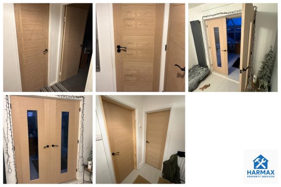 A series of wooden doors with glass panels, displayed from different angles.